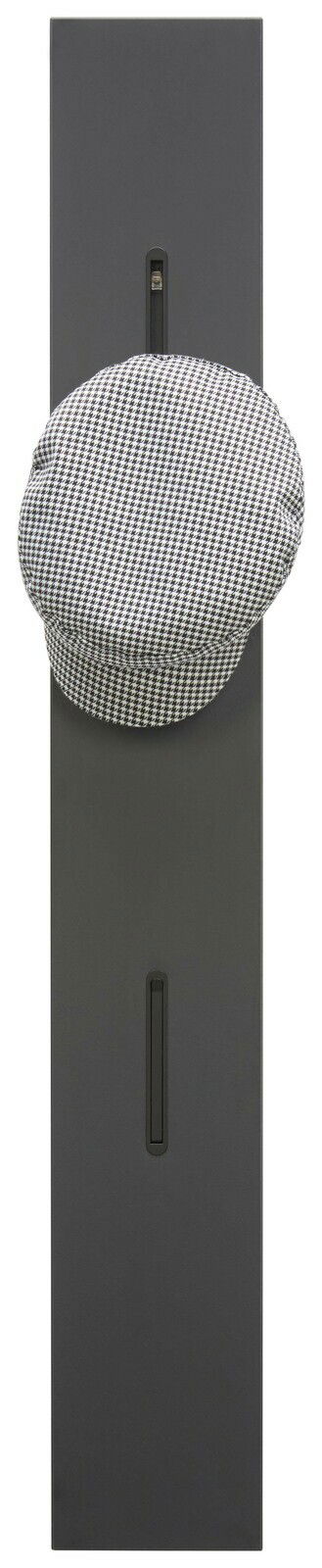 Garderobenpaneel in dunkler Farbe mit Haken, frontal abgebildet, mit einer karierten Mütze darauf.