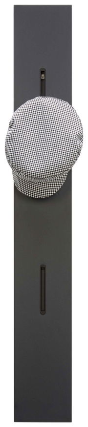 Garderobenpaneel in dunkler Farbe mit Haken, frontal abgebildet, mit einer karierten Mütze darauf.