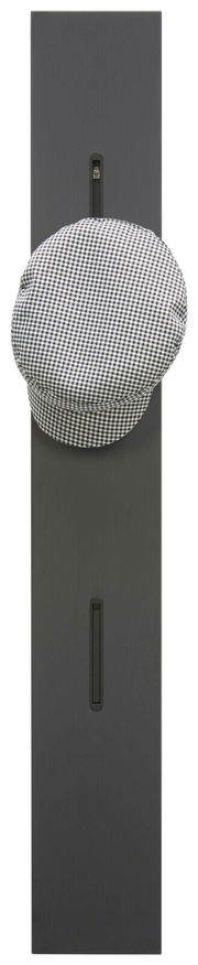 Garderobenpaneel in dunkler Farbe mit Haken, frontal abgebildet, mit einer karierten Mütze darauf.