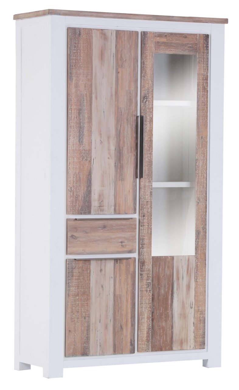 Vitrine aus Holz mit zwei Türen, eine davon mit Glaseinsatz, in einer Frontansicht.