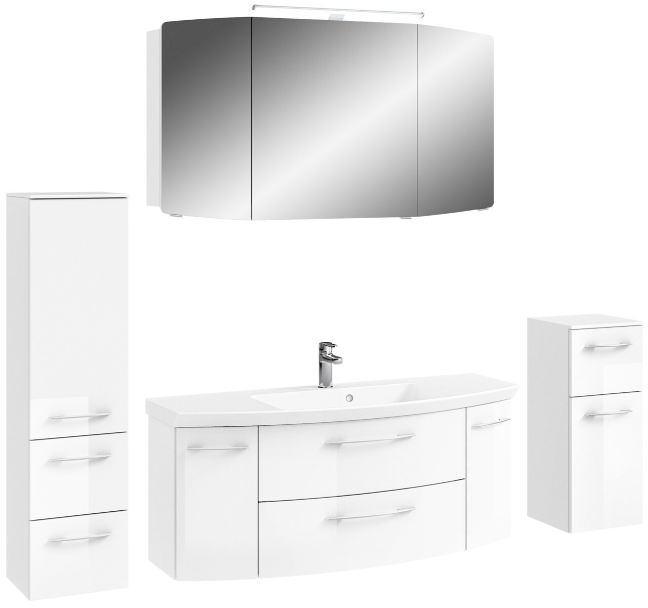 Pelipal Badkombination CASSCA SPRINT Moderne weiße Badkombination mit Spiegelschrank, Waschbeckenunterschrank und zwei Hochschränken, frontal betrachtet.