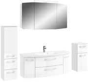 Moderne weiße Badkombination mit Spiegelschrank, Waschbeckenunterschrank und zwei Hochschränken, frontal betrachtet.