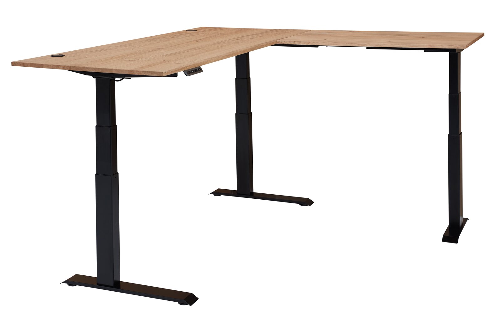 Moderner höhenverstellbarer E-Eckschreibtisch aus Melamin mit schwarzem Gestell, seitliche Perspektive