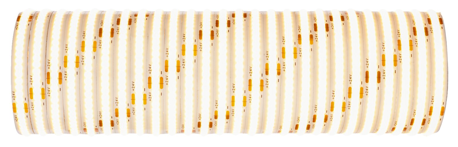 Aufgerollter LED-Lichtstreifen (LED-Strip) mit warmweiß leuchtenden LEDs und 24V-Kennzeichnung, Seitenansicht auf weißem Hintergrund