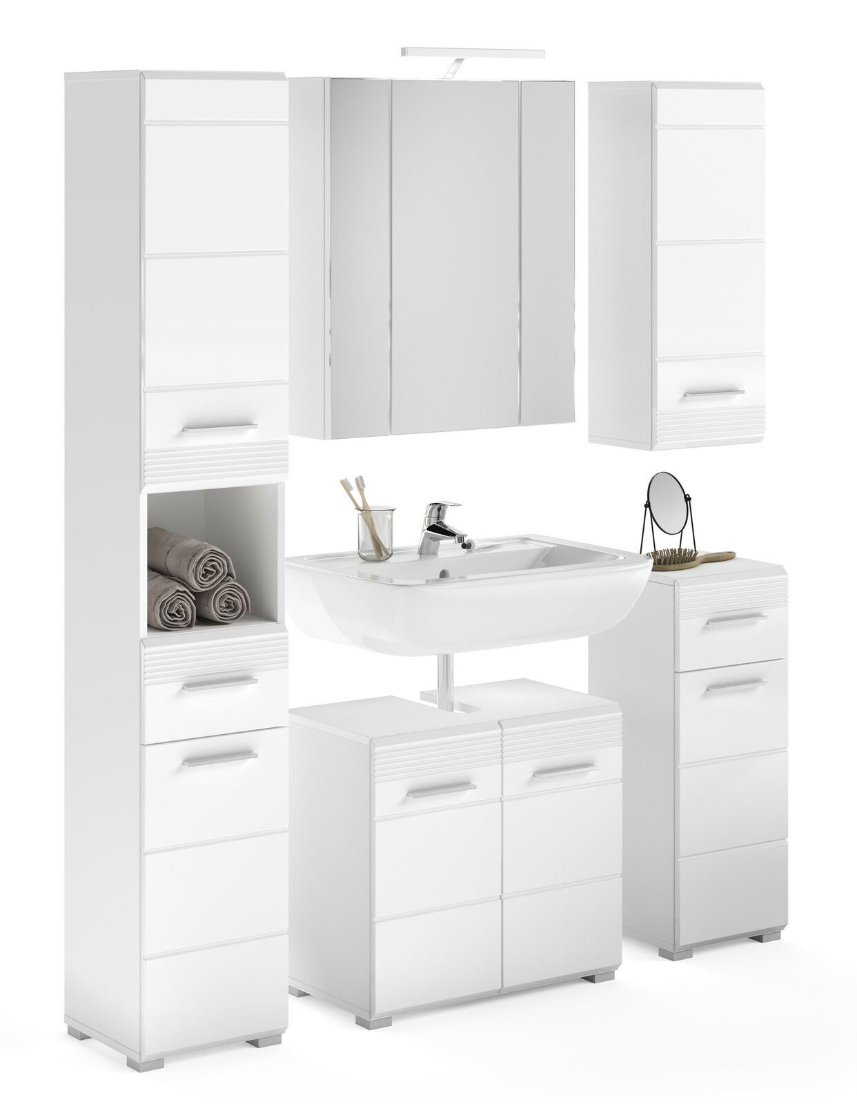 MID.YOU Badkombination LINUS Moderne weiße Badkombination mit Waschbecken, Spiegel und Stauraum, frontal betrachtet.