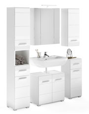 Moderne weiße Badkombination mit Waschbecken, Spiegel und Stauraum, frontal betrachtet.