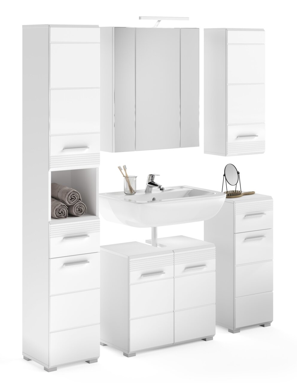MID.YOU Badkombination LINUS Moderne weiße Badkombination mit Waschbecken, Spiegel und Stauraum, frontal betrachtet.