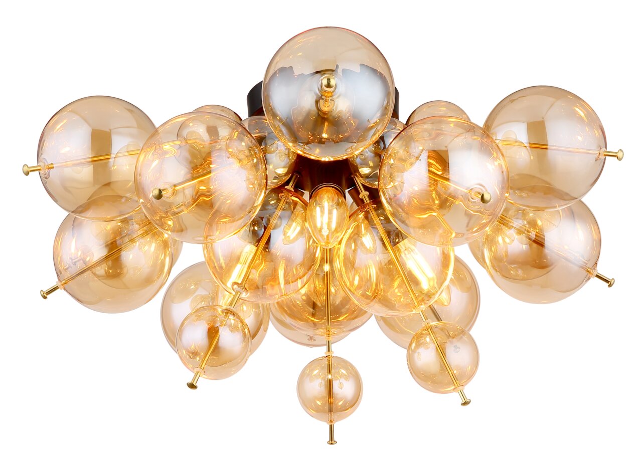 Moderne Deckenleuchte mit mehreren goldenen Glaskugeln, von unten betrachtet.