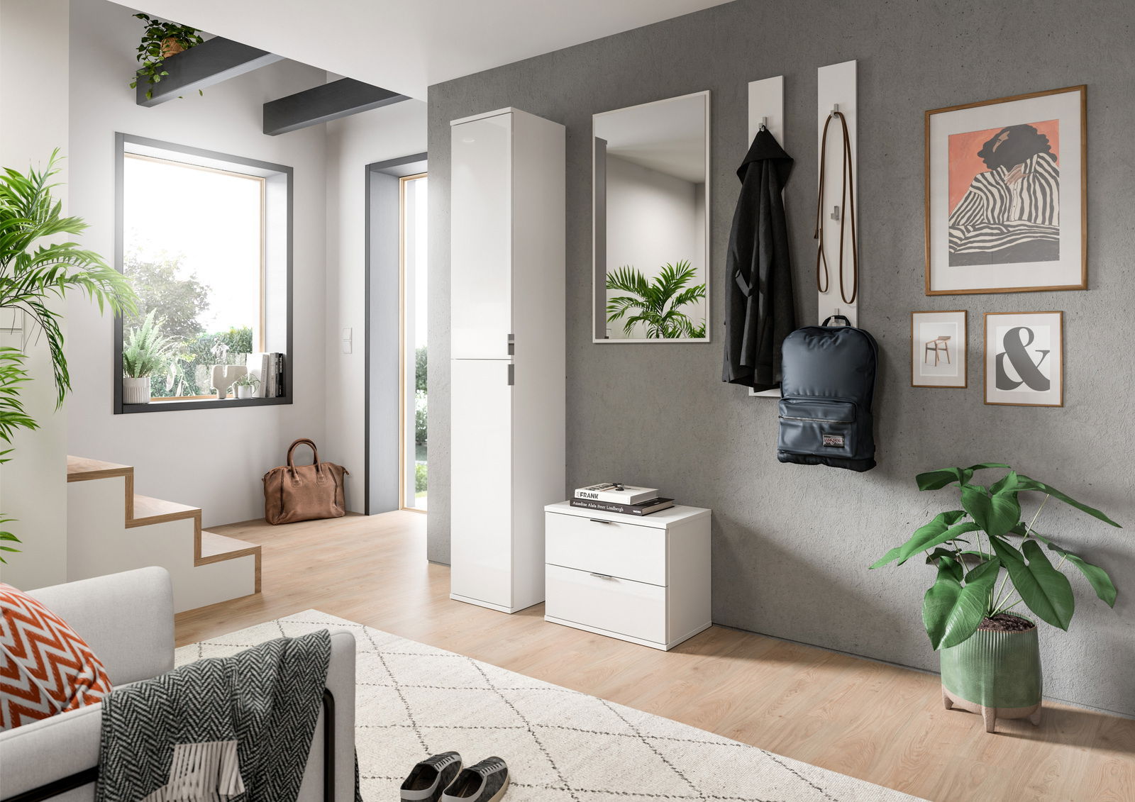 Moderne Sitzbank und Kommode in einem hellen, stilvollen Flur mit Pflanzen und Dekorationen, seitliche Perspektive