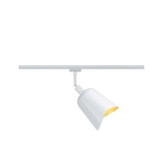 Witte decoratieve lamp Alvaro, zijaanzicht, gemonteerd op een rail, met een warme lichtschijn.