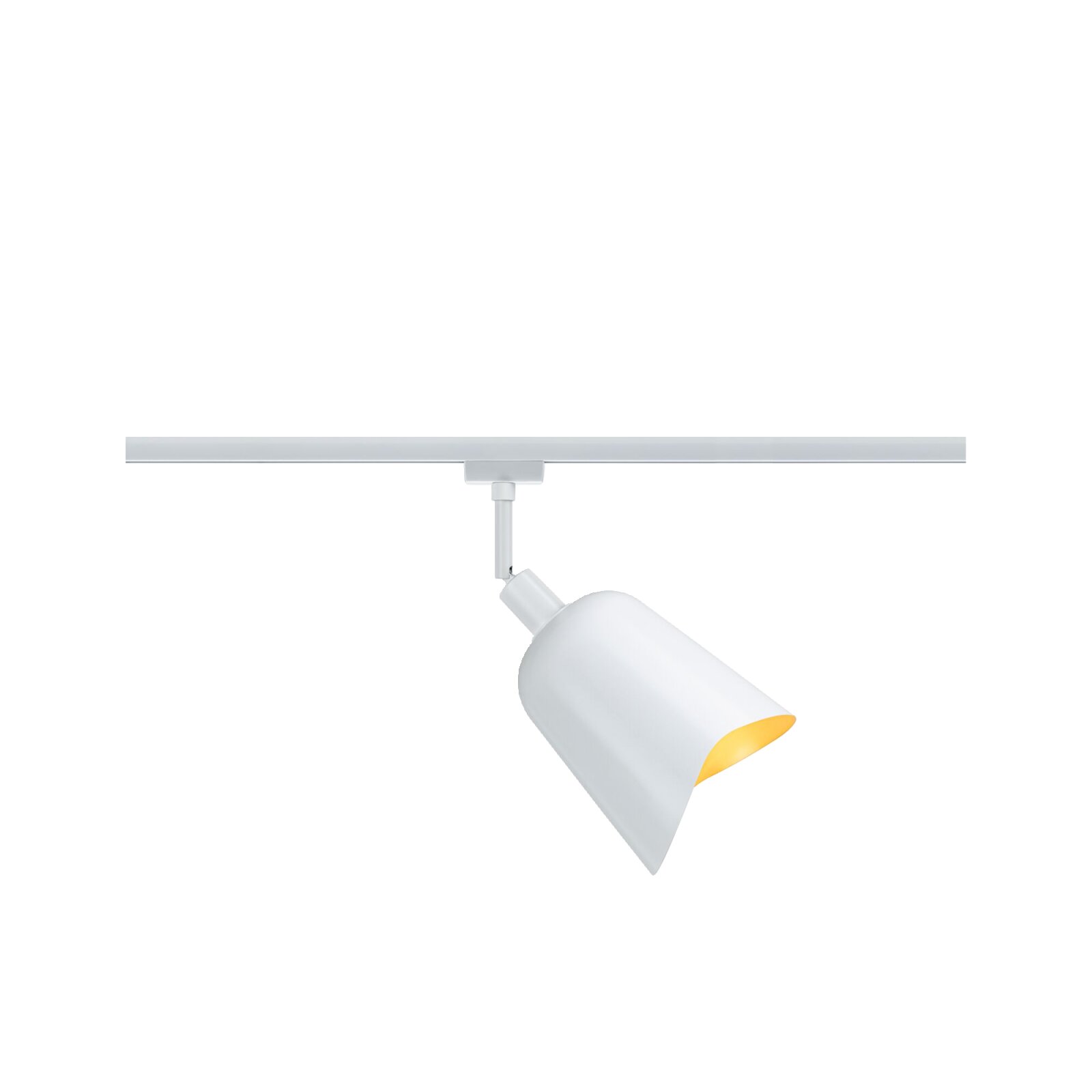 Witte decoratieve lamp Alvaro, zijaanzicht, gemonteerd op een rail, met een warme lichtschijn.