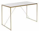 Moderner Schreibtisch mit goldfarbenem Metallrahmen und weißer Tischplatte, seitliche Perspektive