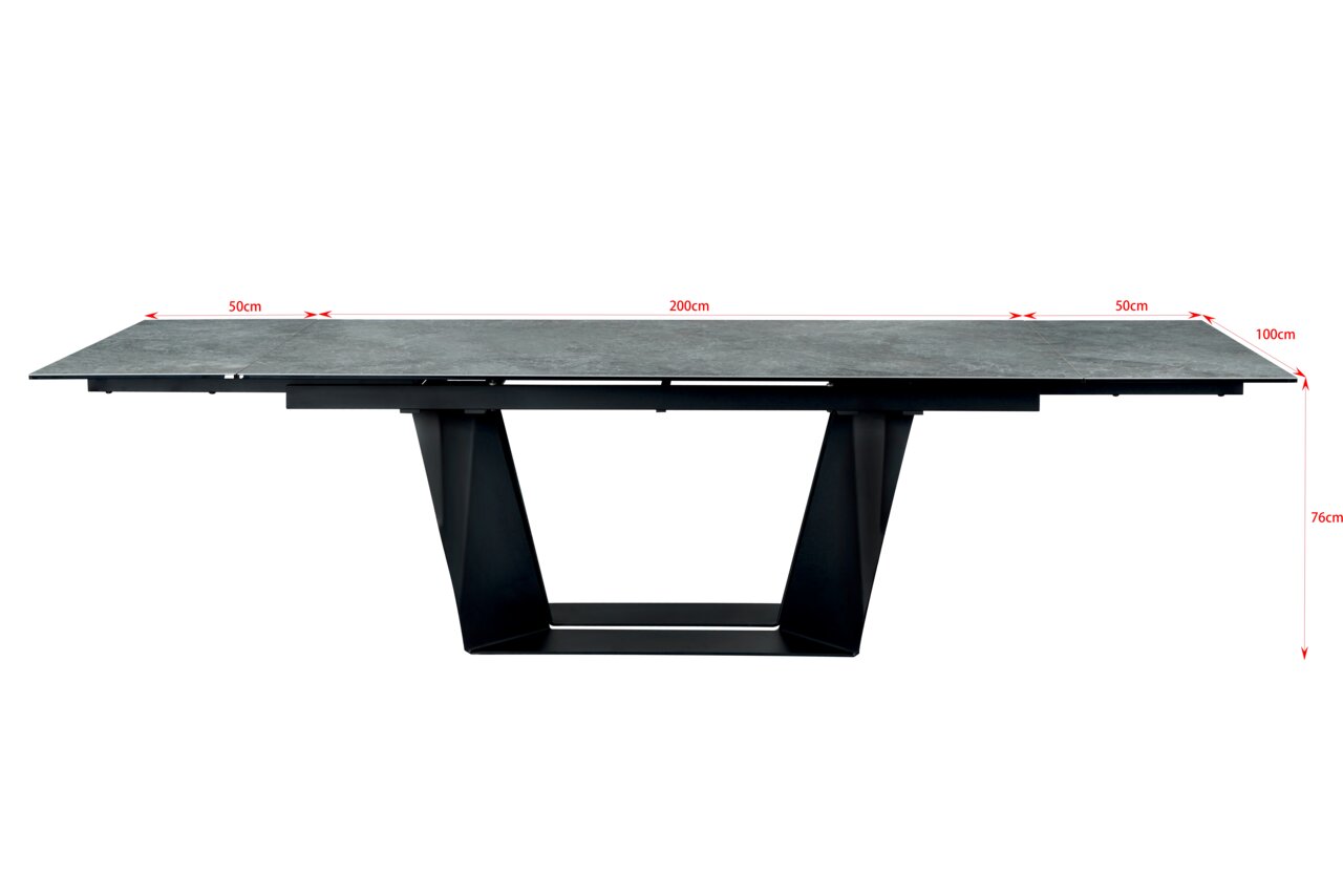 Moderner Esstisch mit grauer Tischplatte und schwarzem Metallgestell, seitliche Perspektive