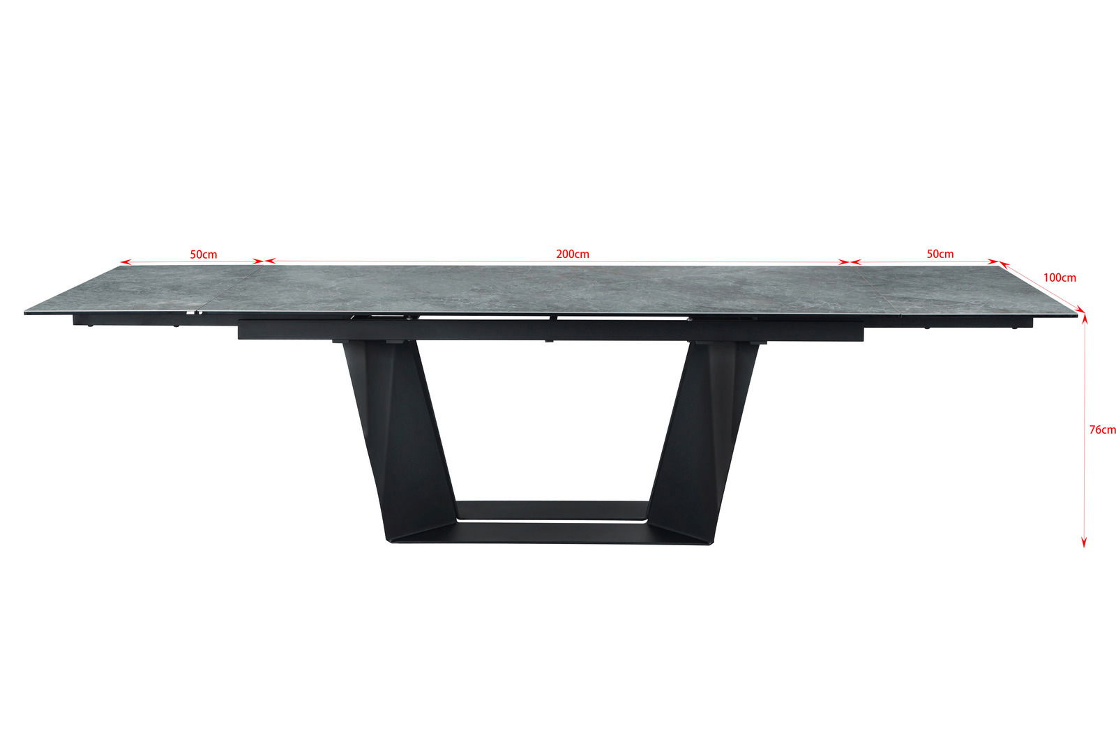 Moderner Esstisch mit grauer Tischplatte und schwarzem Metallgestell, seitliche Perspektive