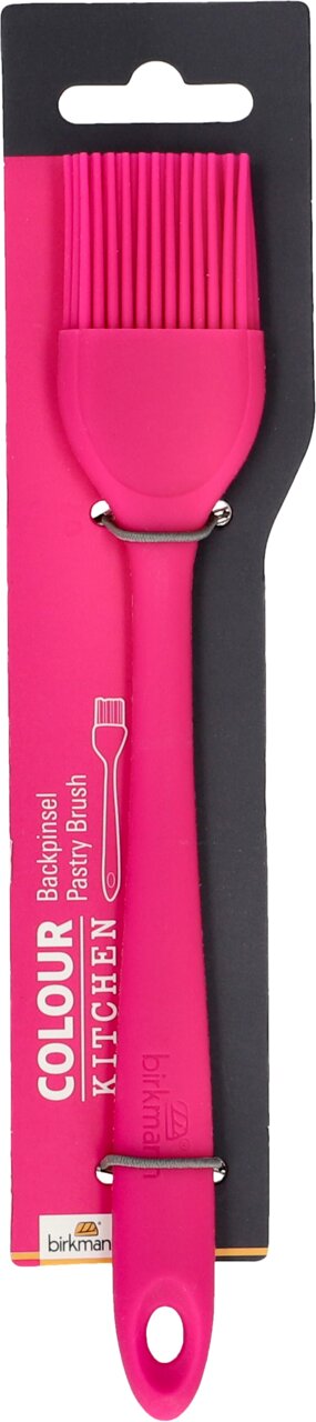 Silikonpinsel in Pink, frontal auf einer Verpackungskarte präsentiert