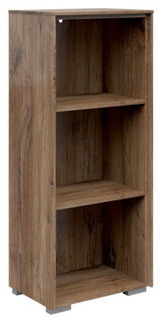 Holz-Aktenregal mit drei offenen Fächern, schmale Bauweise, seitliche Perspektive