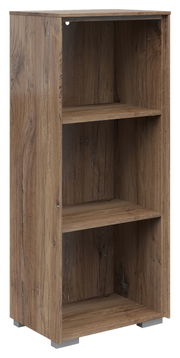 Holz-Aktenregal mit drei offenen Fächern, schmale Bauweise, seitliche Perspektive