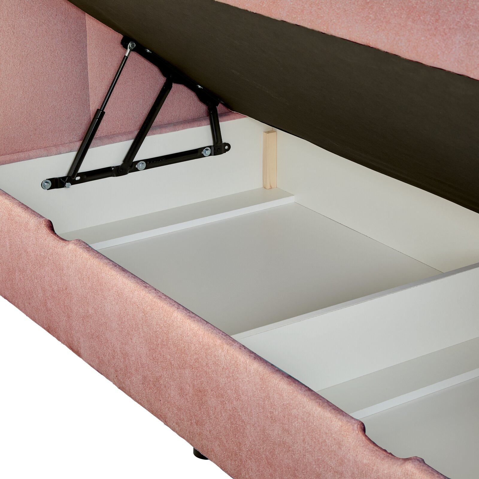 Boxbett mit geöffnetem Stauraum, seitliche Perspektive