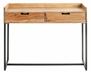 Holzkonsole mit zwei Schubladen und schwarzem Metallgestell, Frontalansicht