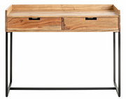 Holzkonsole mit zwei Schubladen und schwarzem Metallgestell, Frontalansicht