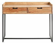 Holzkonsole mit zwei Schubladen und schwarzem Metallgestell, Frontalansicht