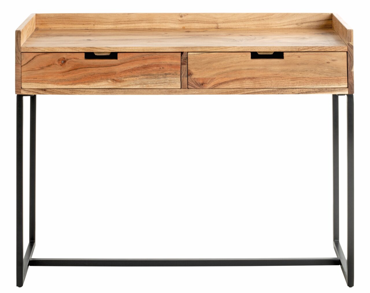 Houten console met twee lades en een zwart metalen onderstel, vooraanzicht