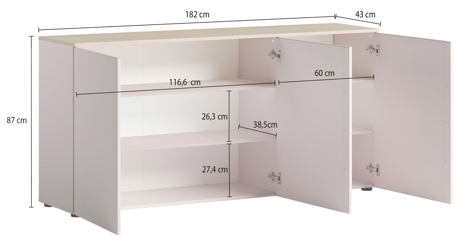 Sideboard mit offenen Türen, zeigt Innenfächer und Regalböden, Perspektive von vorne rechts.