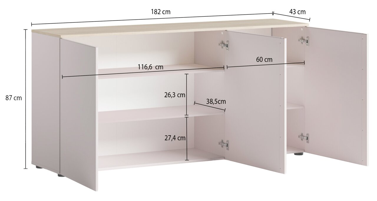 Sideboard mit offenen Türen, zeigt Innenfächer und Regalböden, Perspektive von vorne rechts.