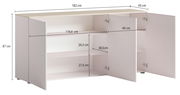 Sideboard mit offenen Türen, zeigt Innenfächer und Regalböden, Perspektive von vorne rechts.