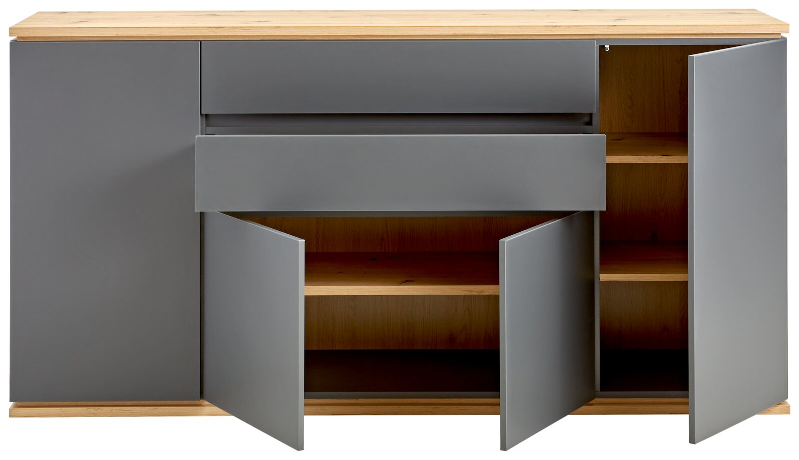 Frontale Ansicht eines modernen Sideboards mit grauen Türen und Schubladen, kombiniert mit einer Holzoberfläche.