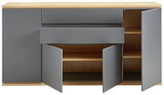 Vooraanzicht van een modern dressoir met grijze deuren en lades, gecombineerd met een houten oppervlak.