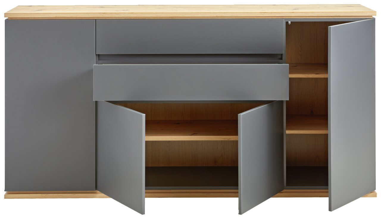 Vooraanzicht van een modern dressoir met grijze deuren en lades, gecombineerd met een houten oppervlak.