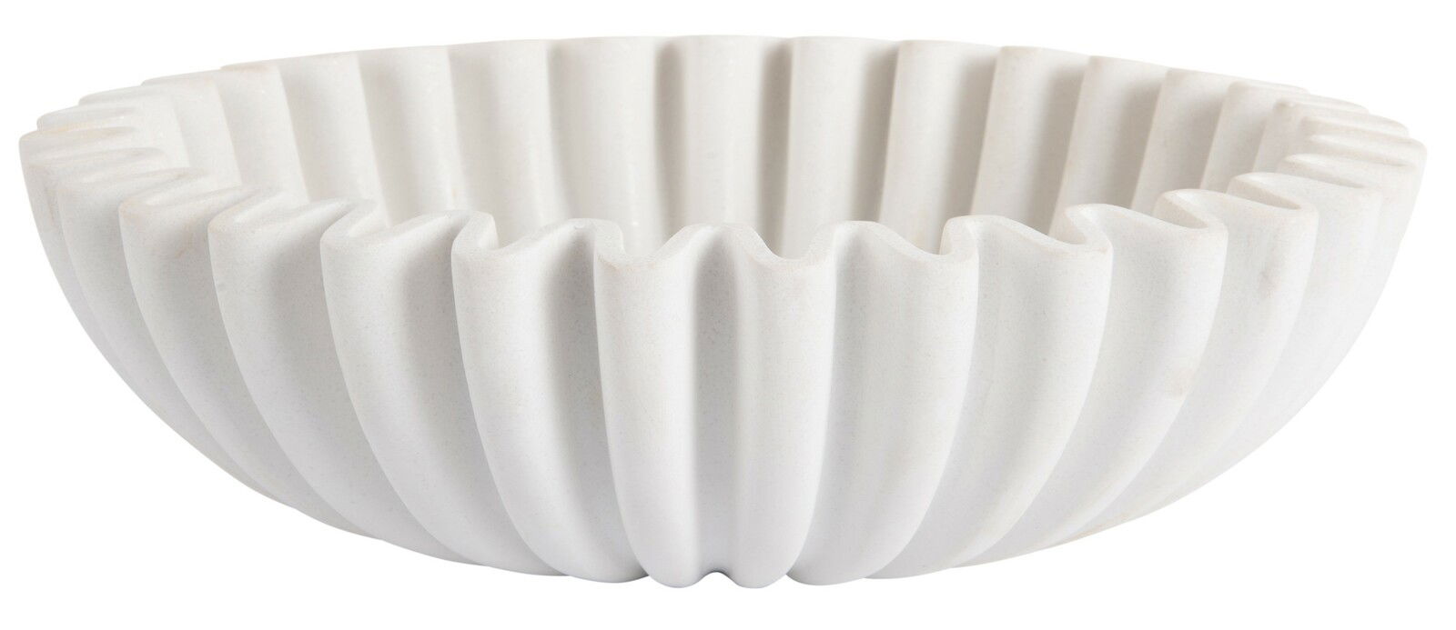 Weiße, mittelgroße Schale mit geriffeltem Design, seitliche Perspektive