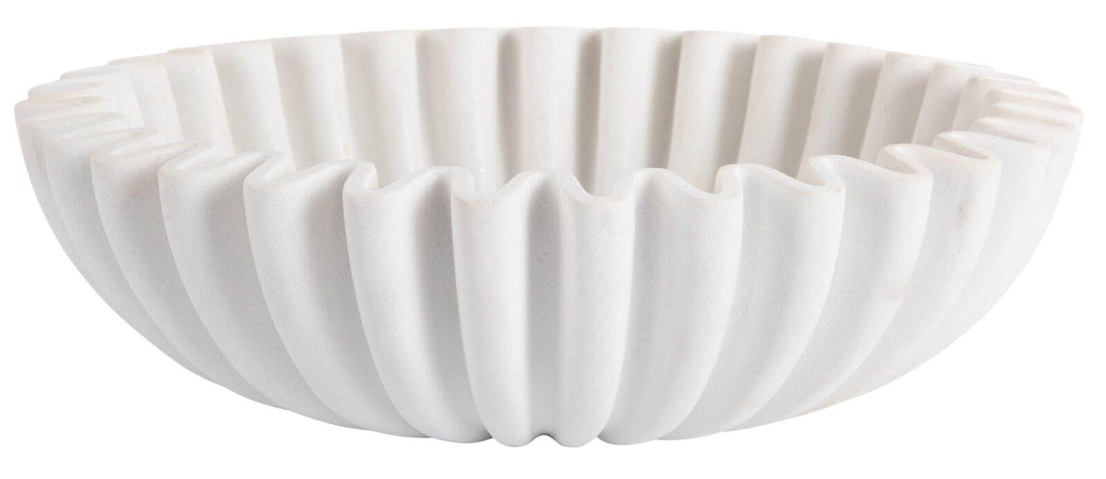 Weiße, mittelgroße Schale mit geriffeltem Design, seitliche Perspektive
