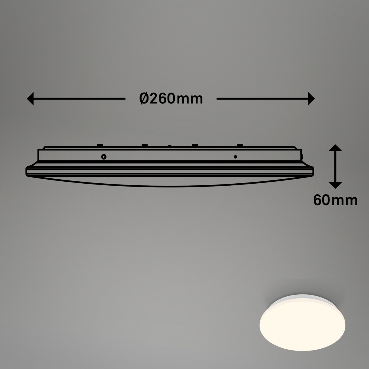 LED-plafondlamp met sensor, wit, zijaanzicht, diameter 260 mm, hoogte 60 mm
