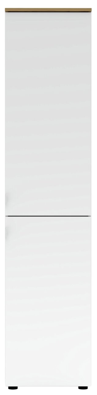 Weißer Büroschrank mit Holzoberfläche, frontale Ansicht