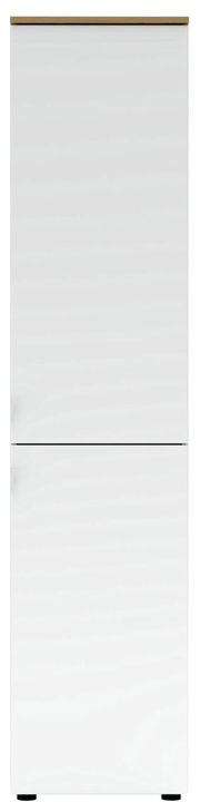 Weißer Büroschrank mit Holzoberfläche, frontale Ansicht