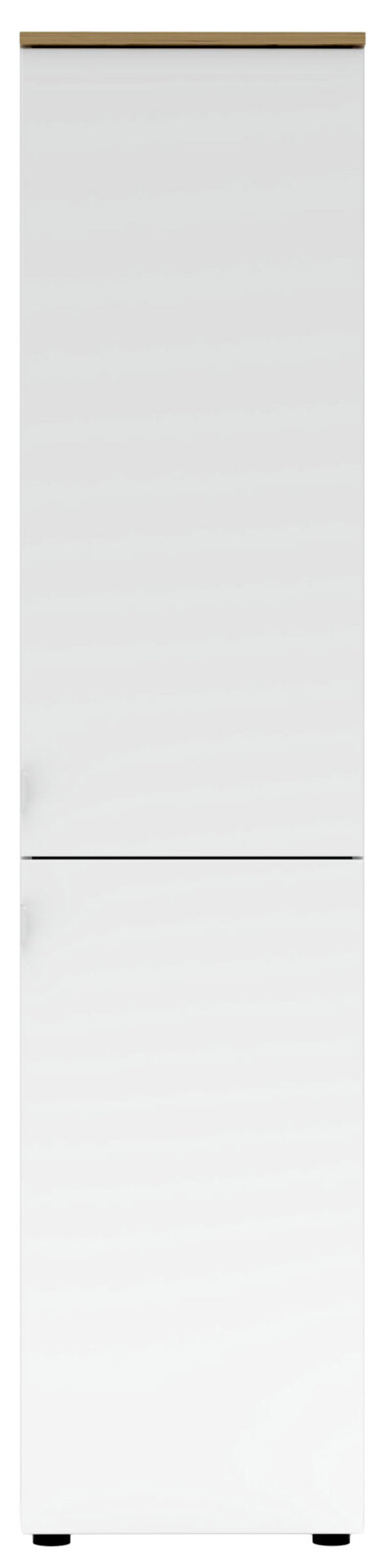 Weißer Büroschrank mit Holzoberfläche, frontale Ansicht