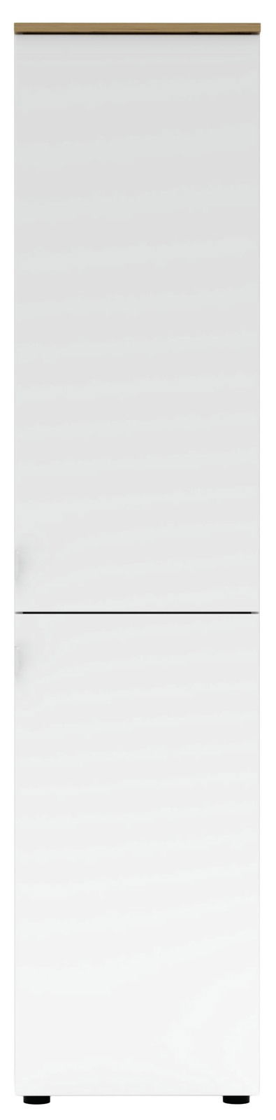 Weißer Büroschrank mit Holzoberfläche, frontale Ansicht