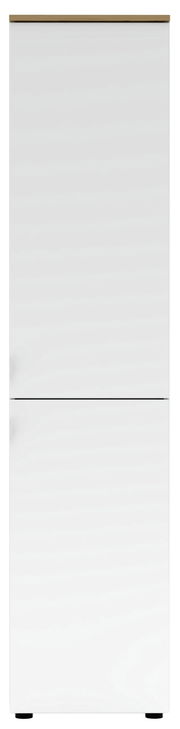 Weißer Büroschrank mit Holzoberfläche, frontale Ansicht