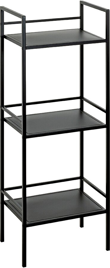 Schwarzes, minimalistisches Metallregal mit drei Ablageböden und offenem Rahmen, freigestellt auf weißem Hintergrund, Frontansicht leicht schräg von vorne