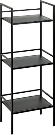 Schwarzes, minimalistisches Metallregal mit drei Ablageböden und offenem Rahmen, freigestellt auf weißem Hintergrund, Frontansicht leicht schräg von vorne