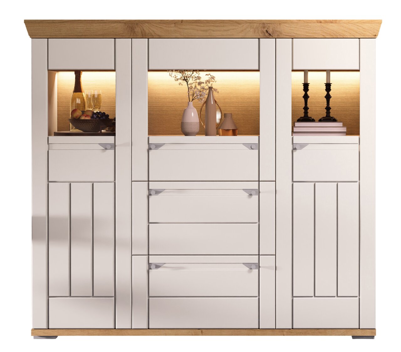 Frontansicht eines modernen Highboards mit weißer Front und Holzdetails, beleuchteten Fächern und dekorativen Elementen.