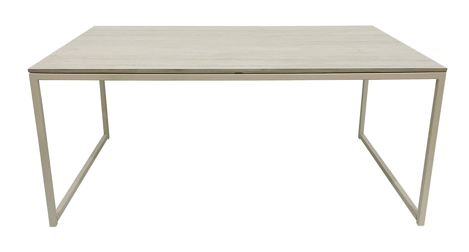 Moderner Couchtisch mit rechteckiger Holzplatte und schlankem Metallrahmen, frontal fotografiert.