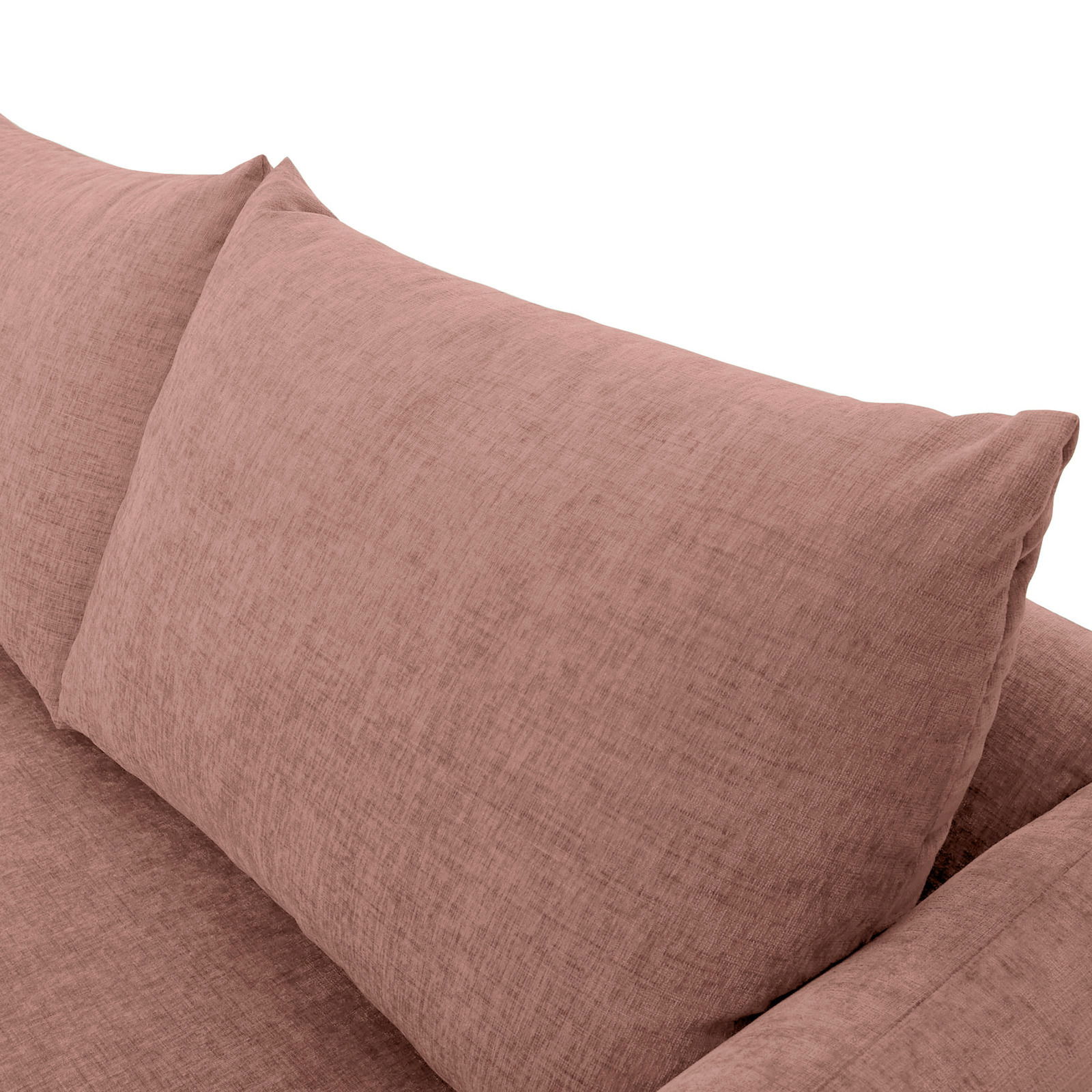 Nahaufnahme einer rosafarbenen Sofaecke mit Kissen, seitliche Perspektive