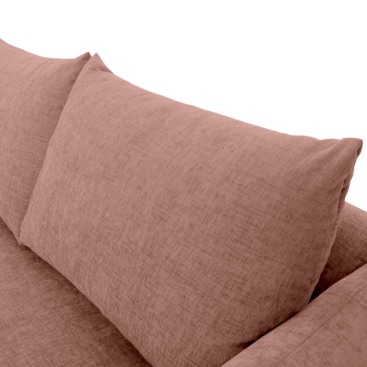 Nahaufnahme einer rosafarbenen Sofaecke mit Kissen, seitliche Perspektive