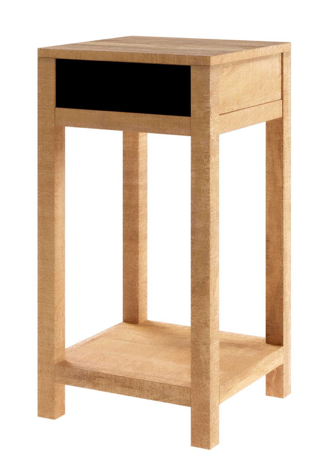 Landscape Blumensäule BARANDA Schmaler Beistelltisch/Nachttisch aus hellem Holz mit schwarzer Schublade und Ablageboden, freigestellt vor weißem Hintergrund, Ansicht schräg von vorne rechts (3/4-Perspektive)