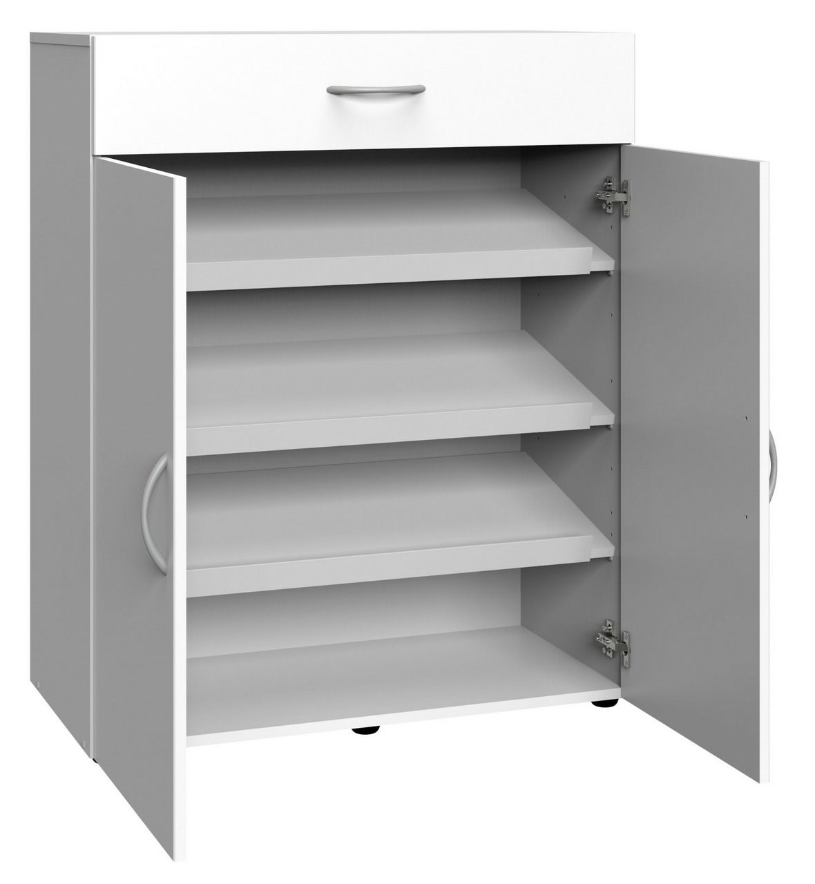 XORA Schuhschrank MULTIRAUMKONZEPT Weißer Schuhschrank mit drei offenen Regalböden und einer Schublade, Türen geöffnet, Perspektive von vorne links