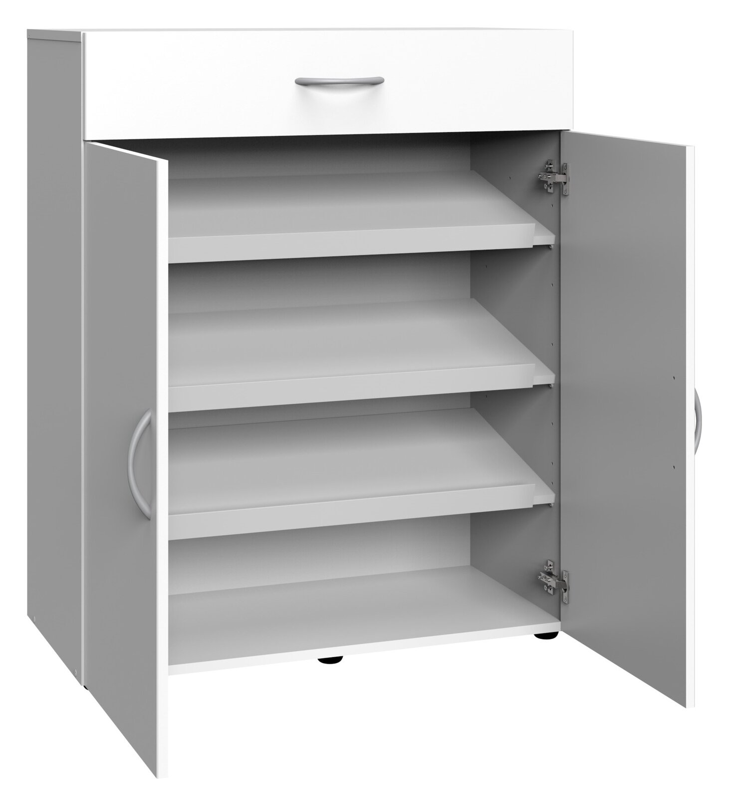 XORA Schuhschrank MULTIRAUMKONZEPT Weißer Schuhschrank mit drei offenen Regalböden und einer Schublade, Türen geöffnet, Perspektive von vorne links