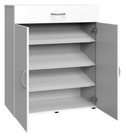 Weißer Schuhschrank mit drei offenen Regalböden und einer Schublade, Türen geöffnet, Perspektive von vorne links